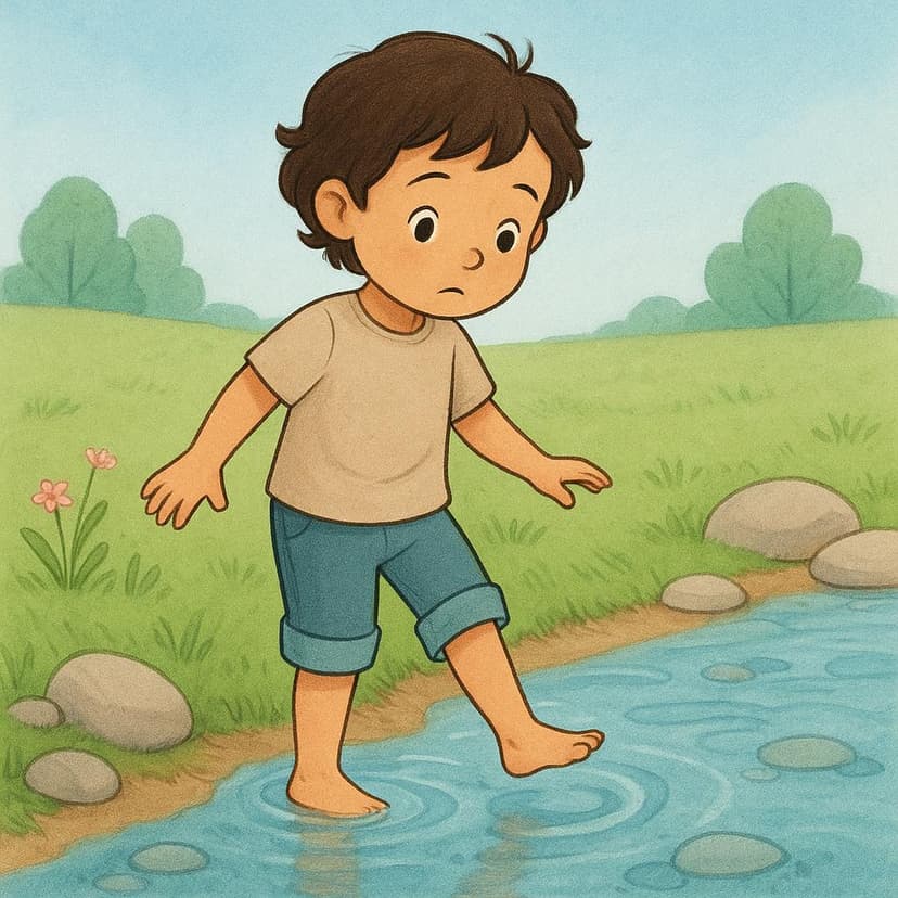 A child standing at the edge of a shallow stream, lifting one foot slightly above the water but pausing with hesitation before stepping in.