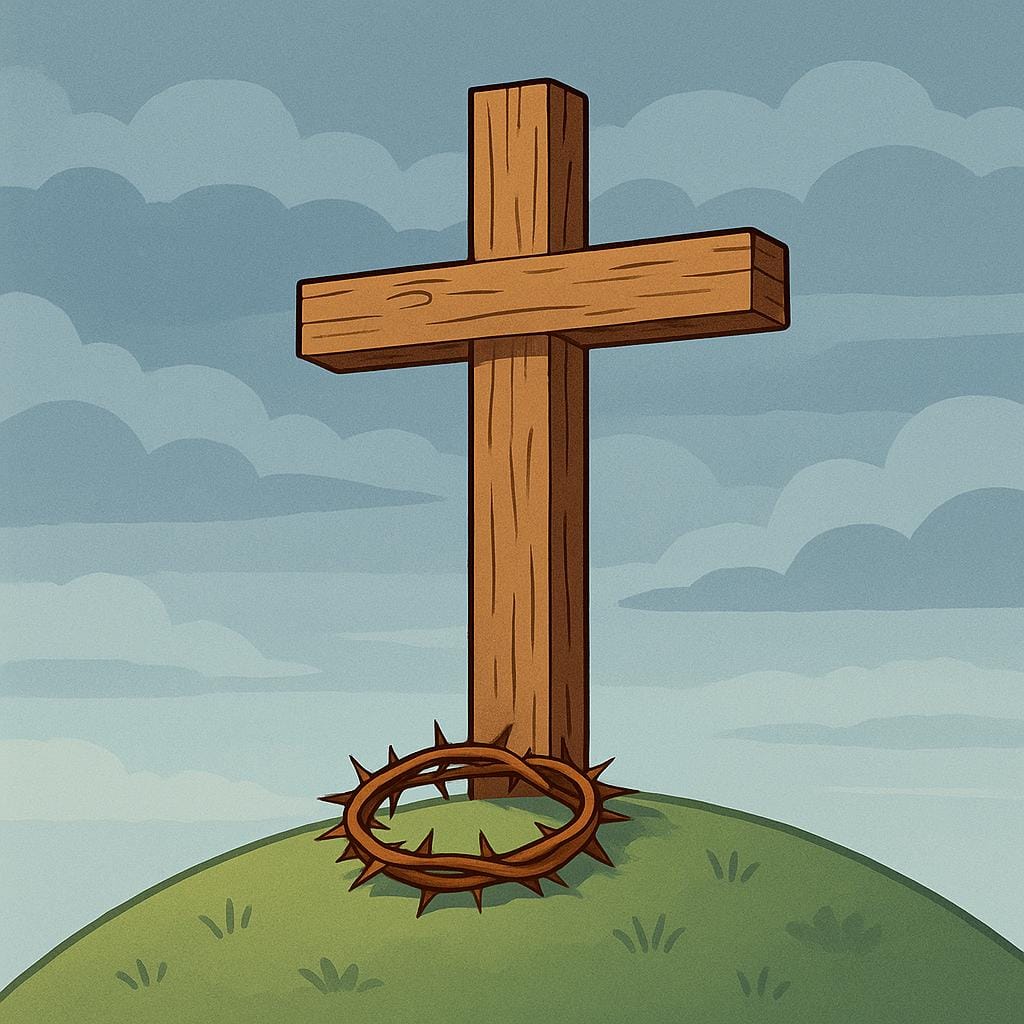 Een eenzaam, ruw houten kruis staat op een kleine heuvel onder een sombere hemel, met een eenvoudige, geweven doornenkroon aan de voet ervan.