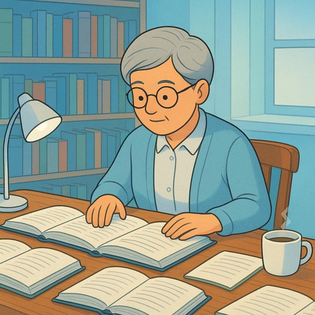 Une illustration simple et colorée représentant un érudit pensif portant des lunettes, assis à un bureau entouré de hautes piles de livres, symbolisant la vie intellectuelle.