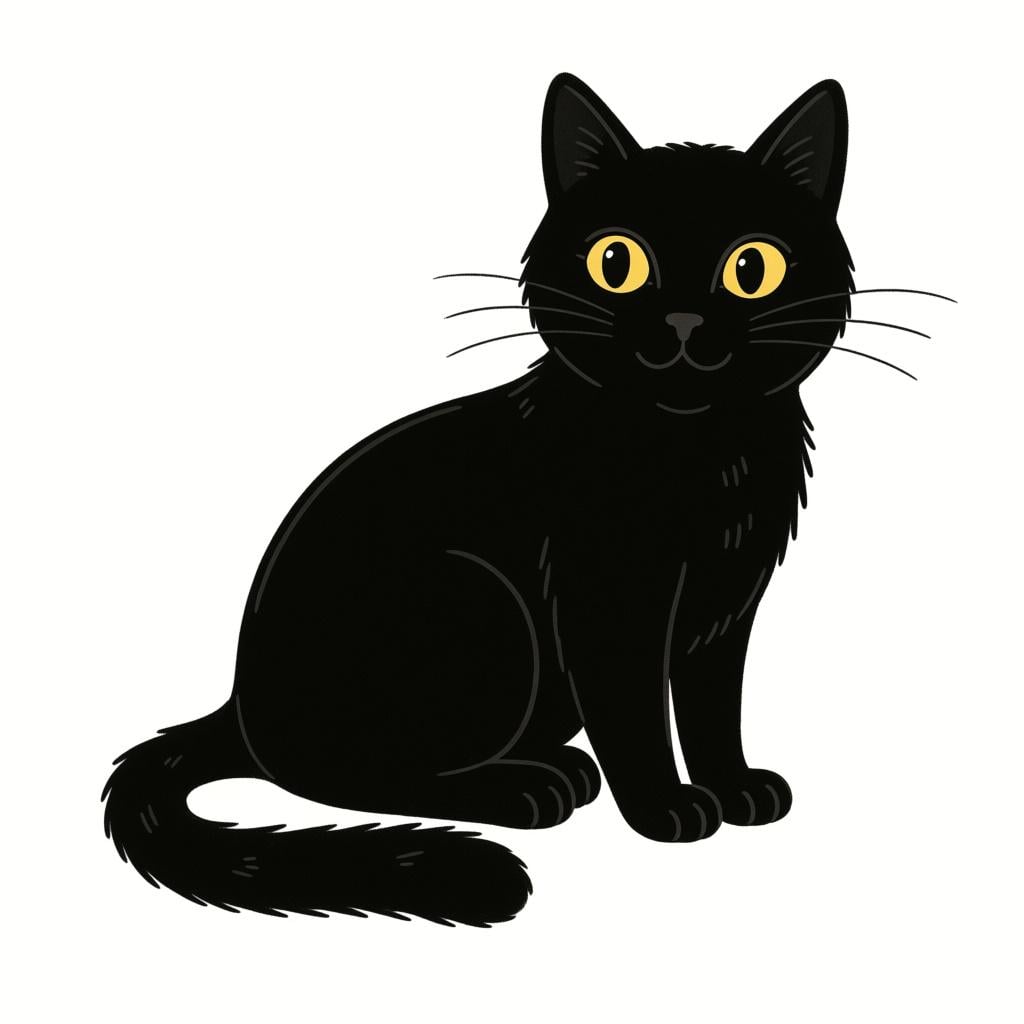 A sleek, happy cat sitting down, colored entirely black against a plain background.