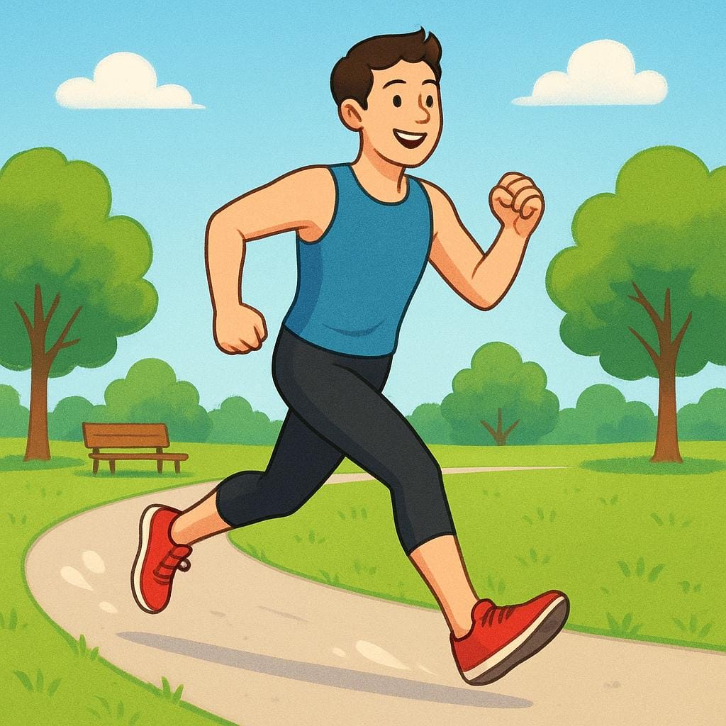 A young adult character jogging energetically and smiling on a sunny path in a park, illustrating staying active and fit.