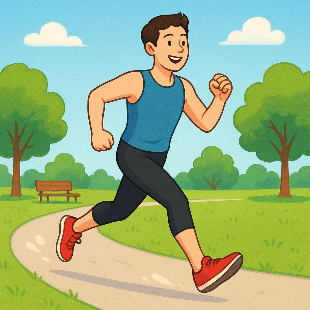 A young adult character jogging energetically and smiling on a sunny path in a park, illustrating staying active and fit.