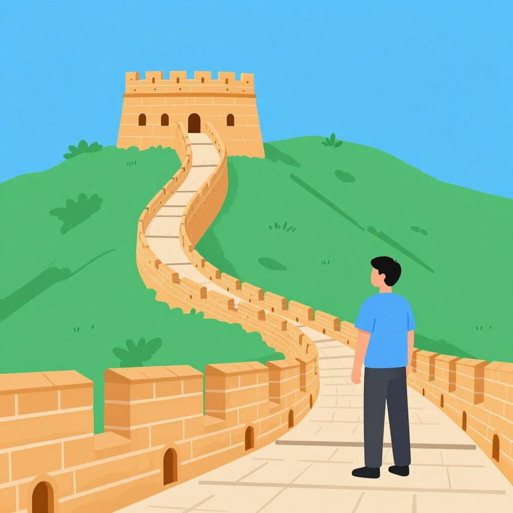 Un'illustrazione amichevole di un uomo in piedi davanti a un punto di riferimento come la Grande Muraglia.