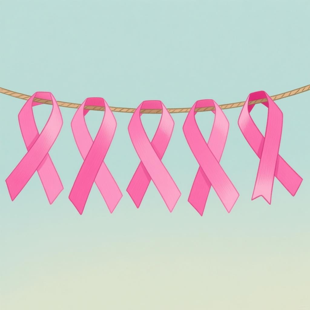 A sequence of five pink ribbons tied to a horizontal string. The fifth ribbon, located at the far right end, is slightly separated from the others, indicating the final element in the series.