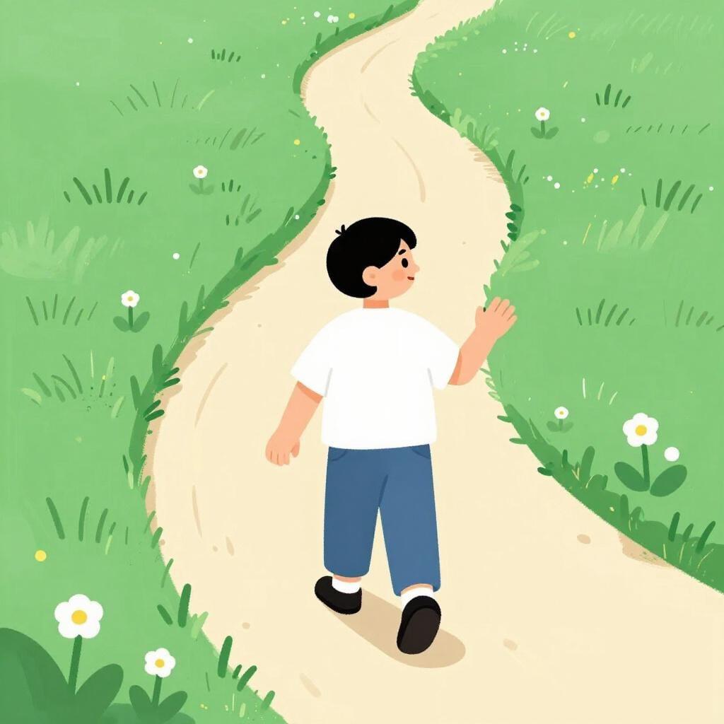 A friendly person walking on a garden path, looking back and gesturing with a welcoming hand for someone to follow them.