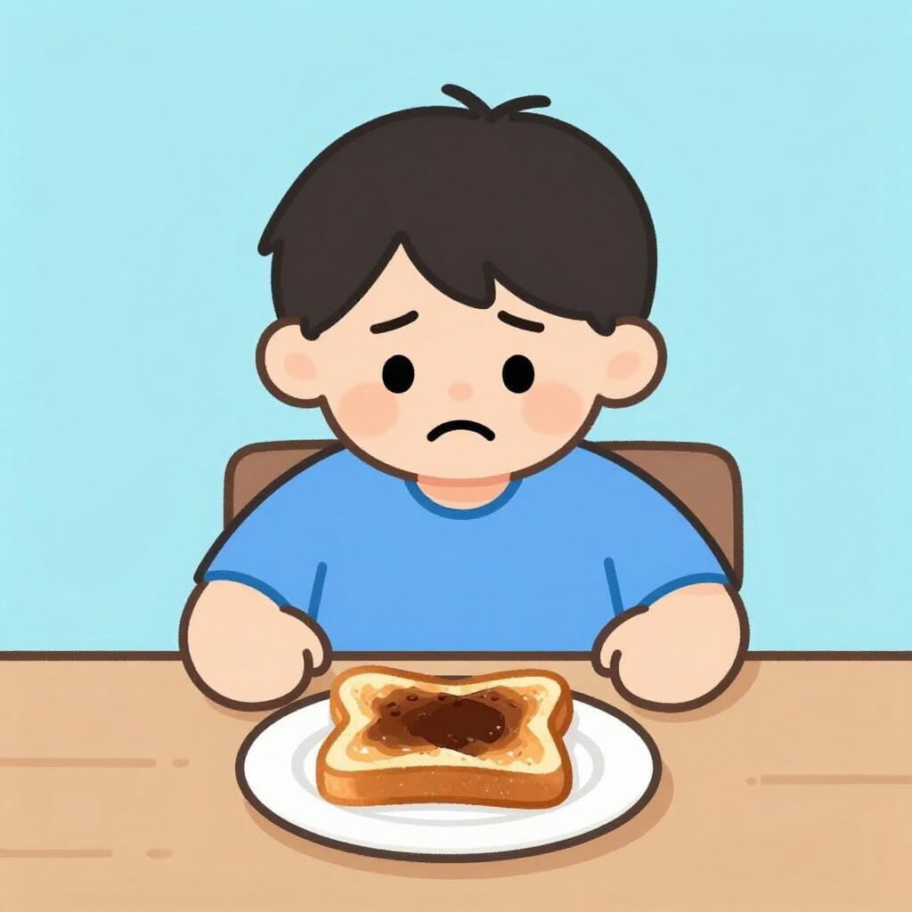 Een persoon die met een frons naar een bord verbrande toast kijkt.