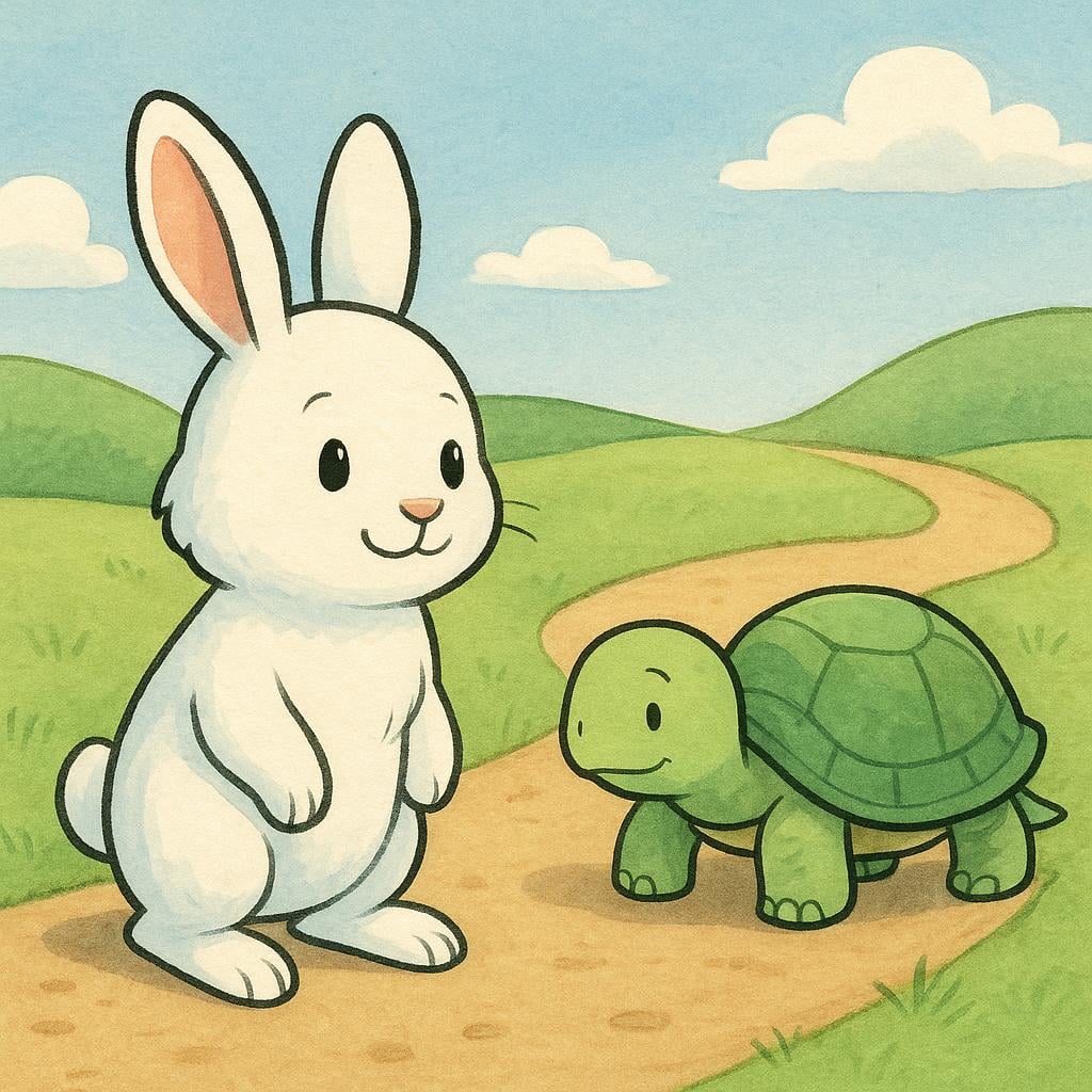 A small, friendly rabbit stands a few steps ahead of a slow turtle on a simple dirt path, illustrating the concept of being 'ahead' or 'in front'.