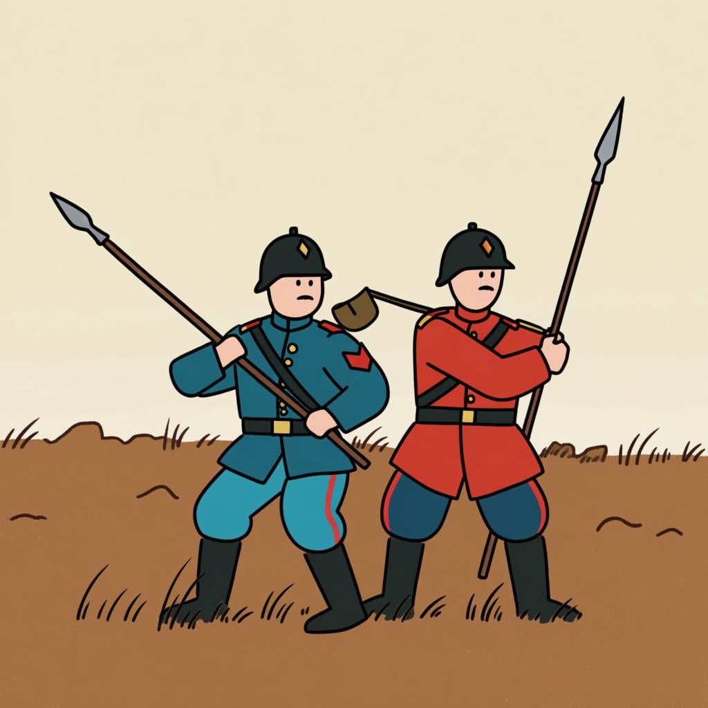 Two simplified, stylized soldiers from opposing sides standing ready to fight on a desolate brown field, symbolizing war.