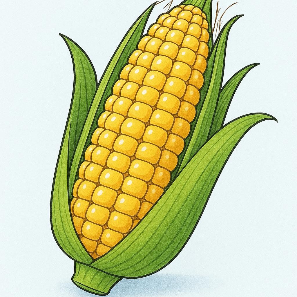 A single, bright yellow ear of corn with green husks peeled back, set against a simple background.