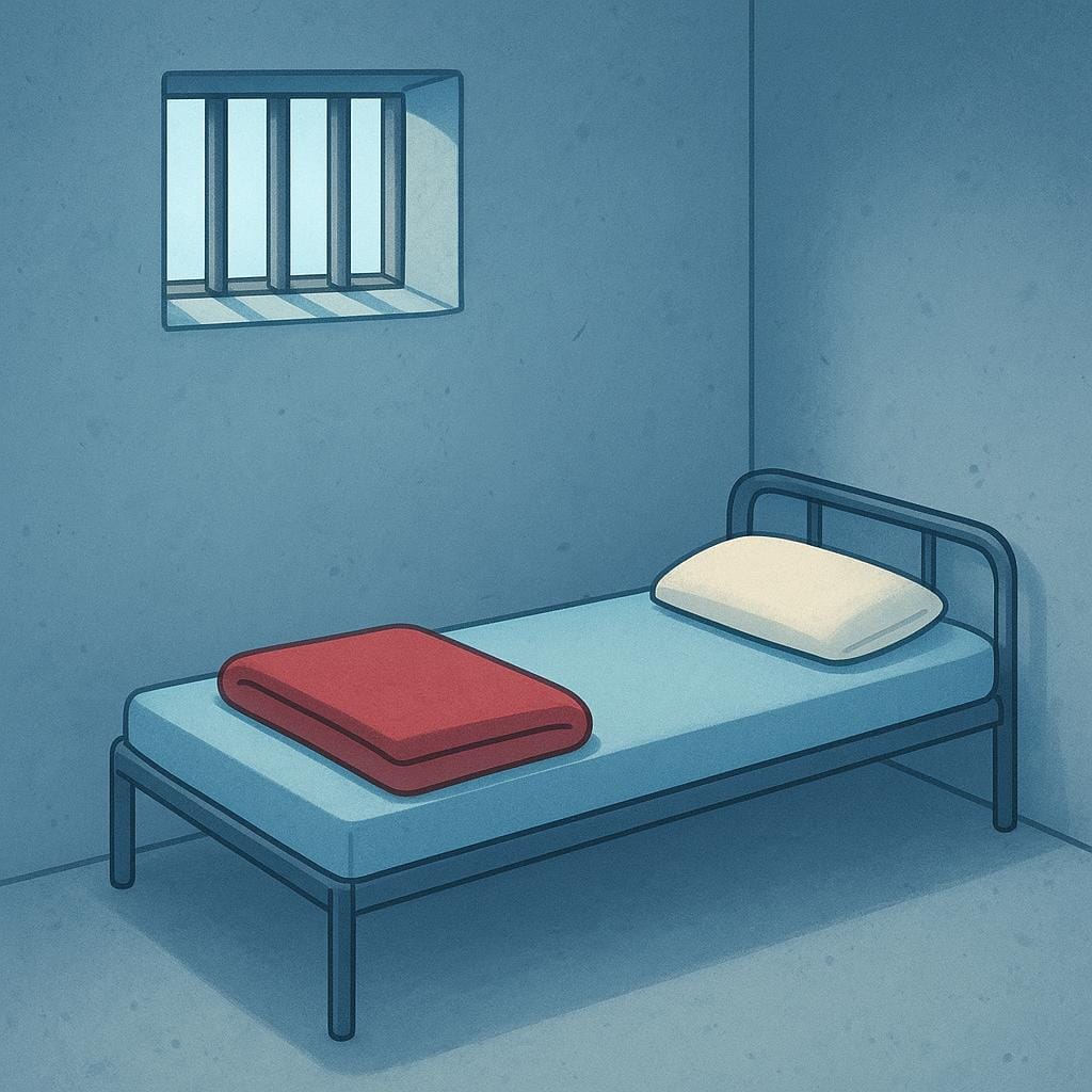 A small, sparse prison room with concrete walls, a narrow cot, and a small window with thick vertical bars, illustrating a detention cell.