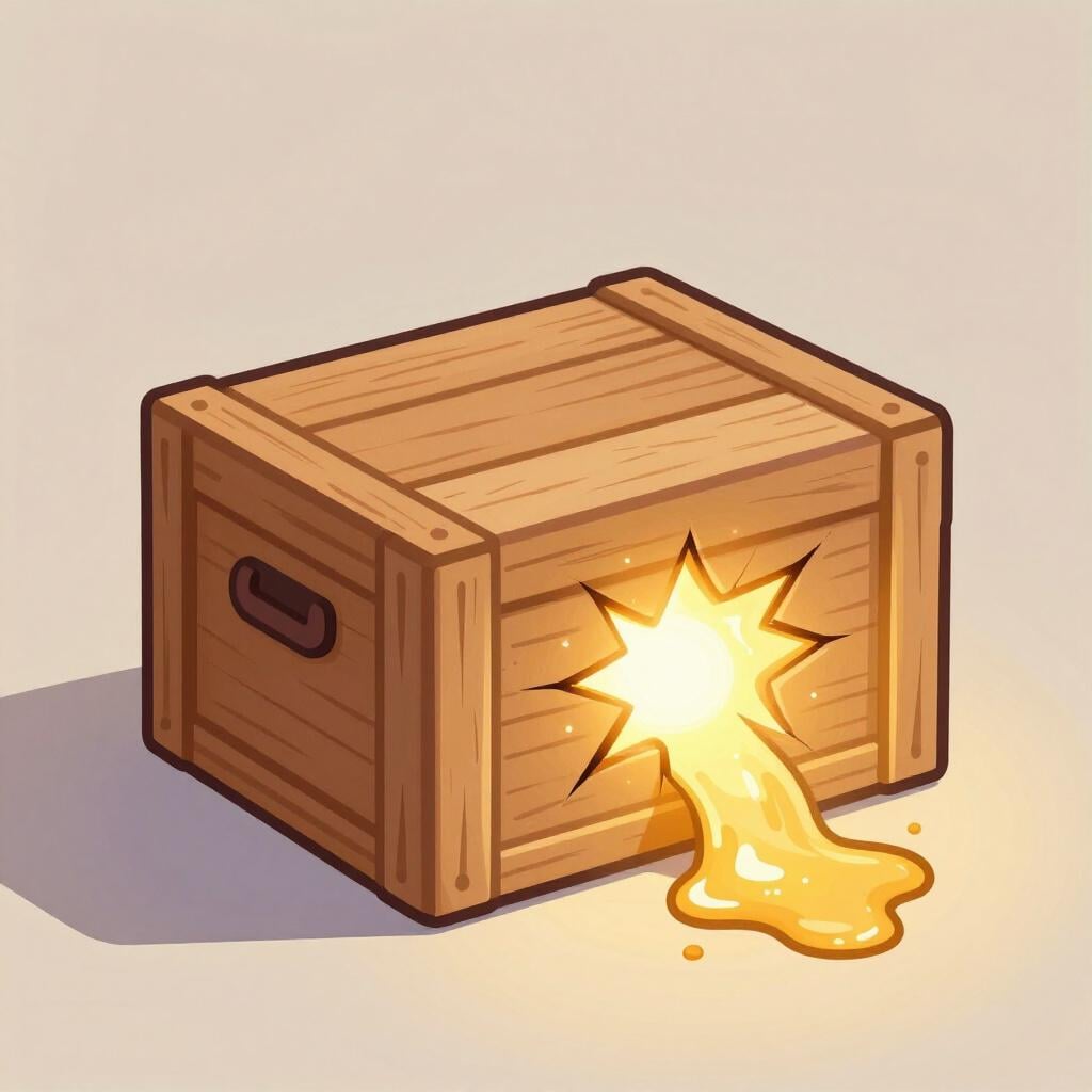 閉じた木箱から光る液体が漏れ出し、床に広がっている。