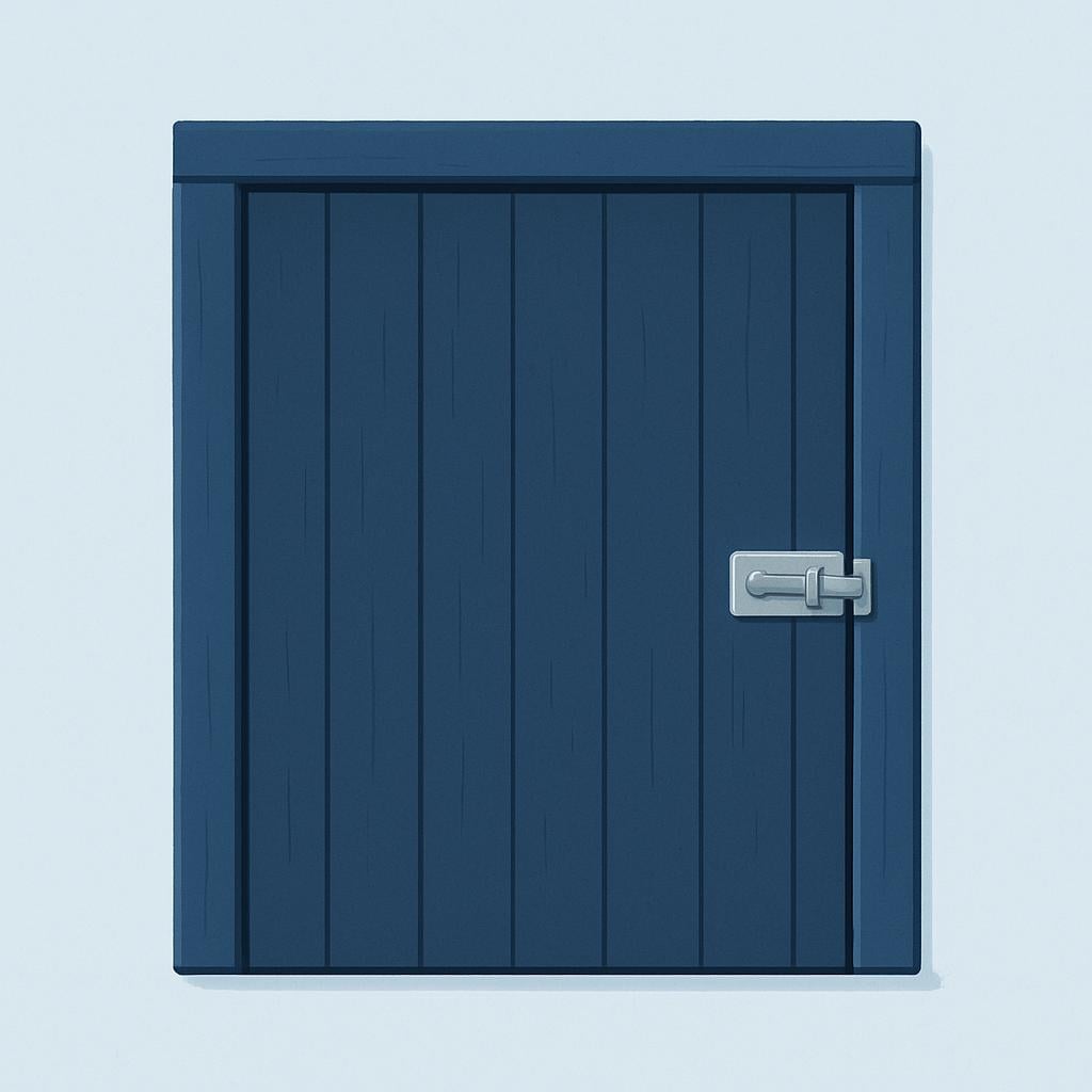 A single, heavy, dark blue wooden door is completely shut and secured with a metal latch, preventing entry.
