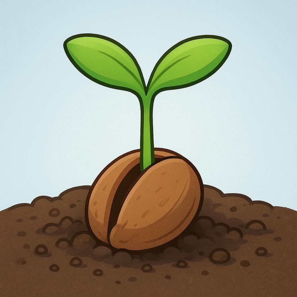 Une petite pousse verte sortant d'une graine brune partiellement enfouie dans de la terre sombre, symbolisant la croissance future et la transformation.
