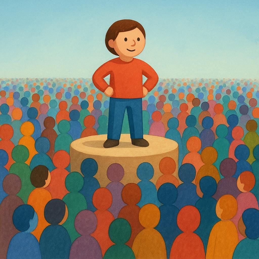 A large, stylized figure standing on a small hill or stage, surrounded by a dense, colorful crowd of tiny, simplified, uniform figures below, representing social media followers.