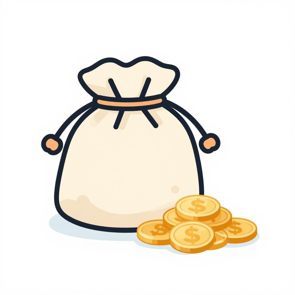 Ein Stapel Goldmünzen in einem kleinen Samtbeutel.