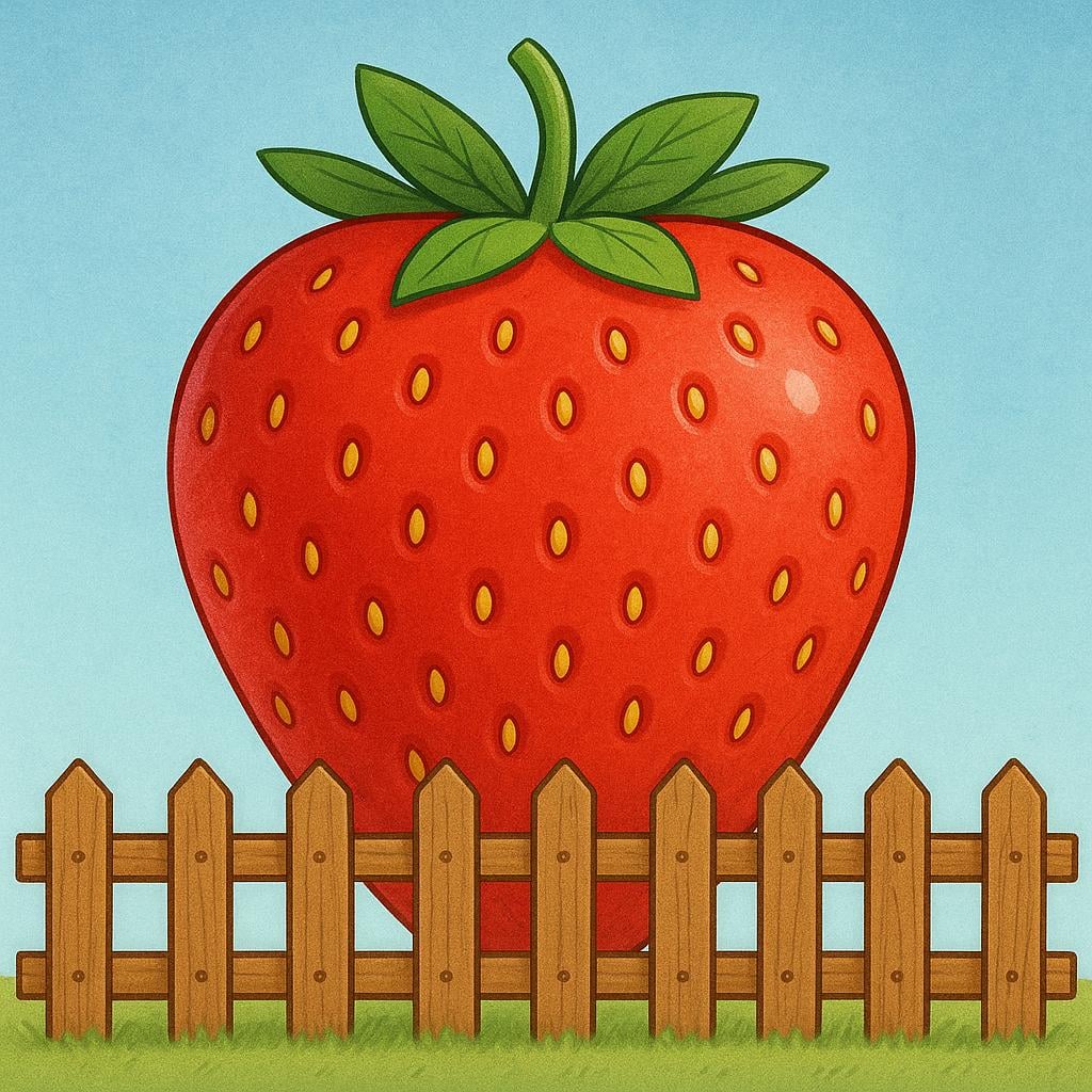 A single, massive strawberry that looks gigantic compared to a small fence post nearby.