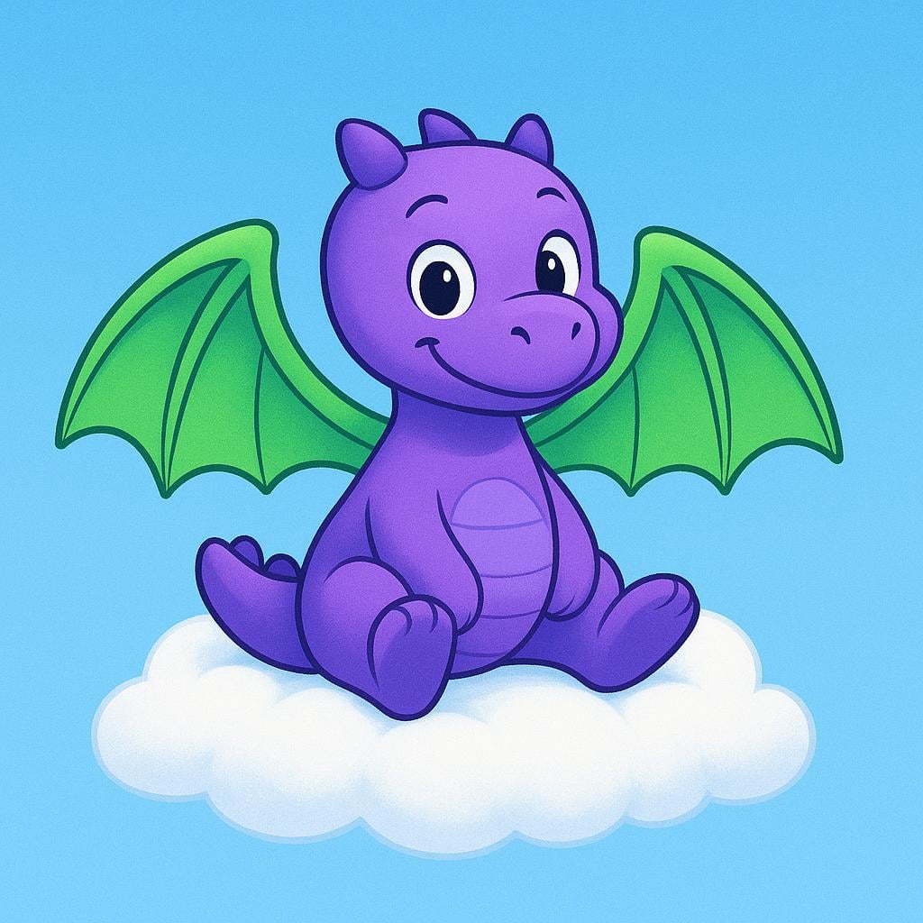 A small, simplified, friendly purple dragon with large green wings sitting peacefully on a fluffy white cloud.