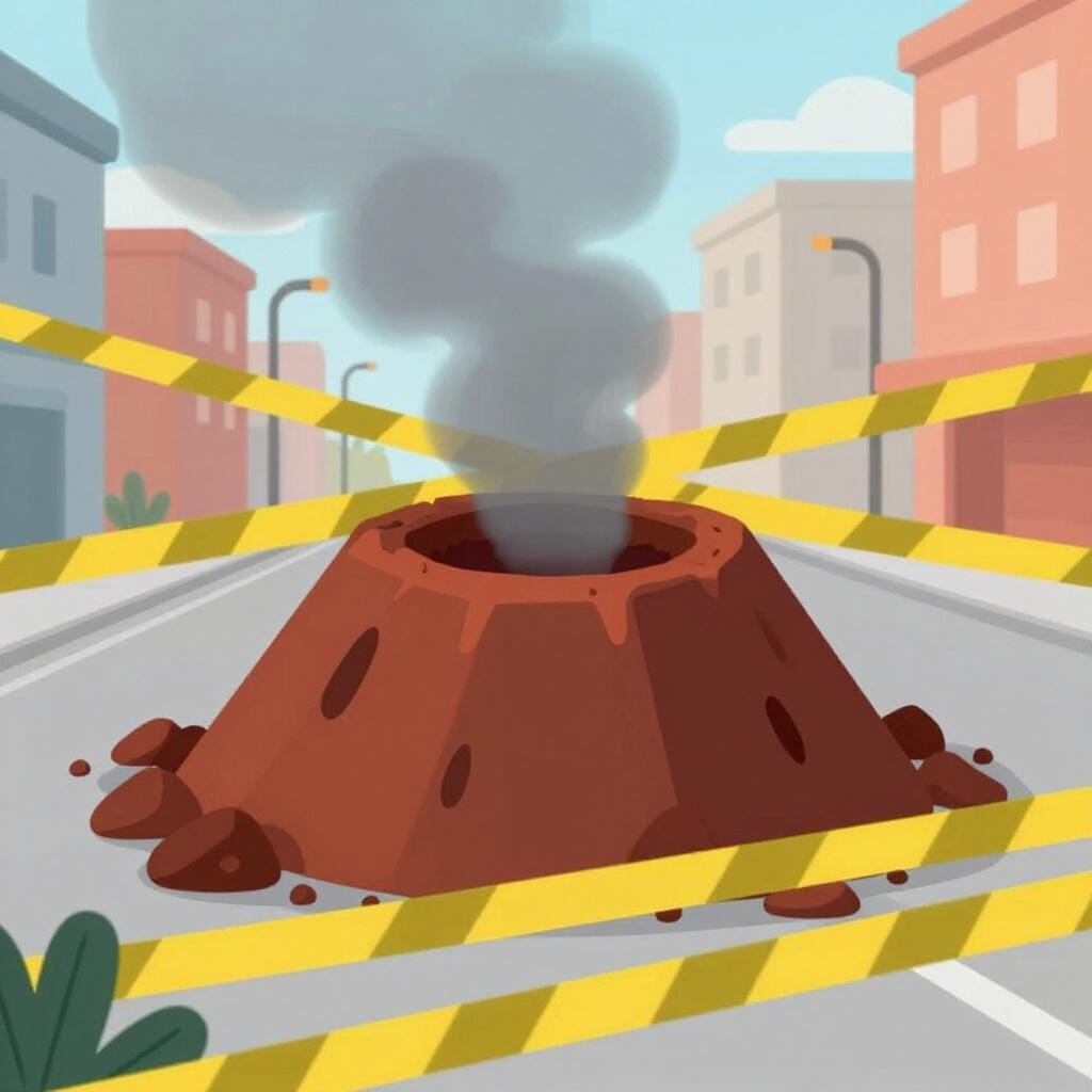 Uma cratera fumegante no meio de uma rua da cidade com fita policial cercando a área.