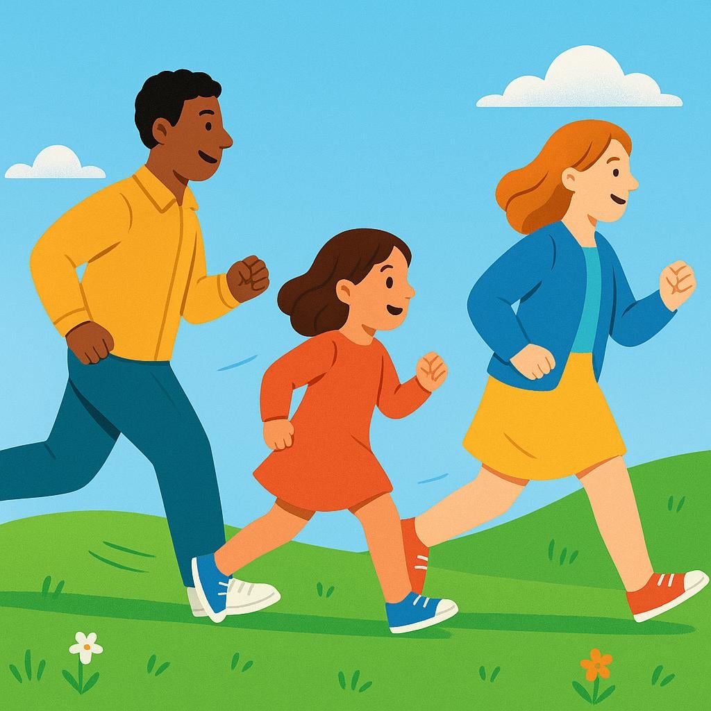 Three simplified, diverse figures (two adults and one child) are shown actively walking or running together across a bright green field, all moving toward the right side of the frame.