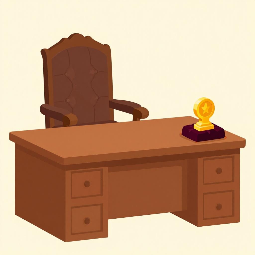 A formal wooden desk with an ornate gold seal and a professional leather chair, representing an official office of rank.
