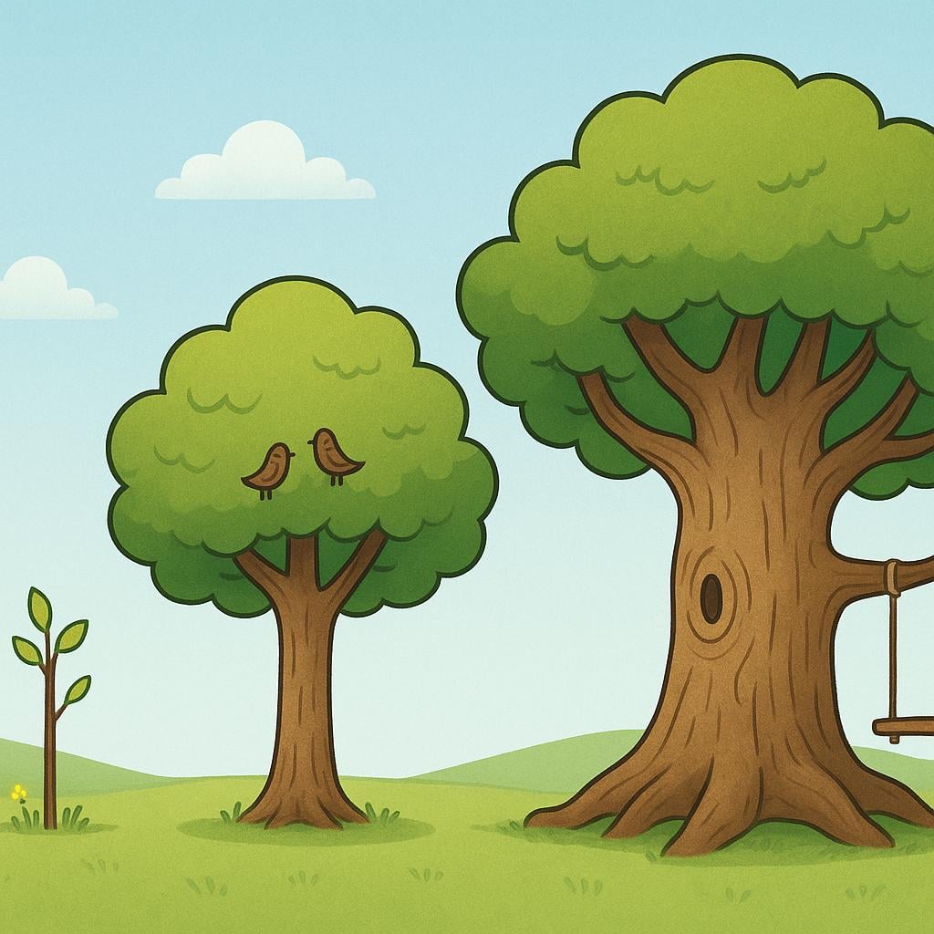 Three trees of significantly different sizes and ages standing in a row on a simple, grassy landscape, illustrating the progression of time.