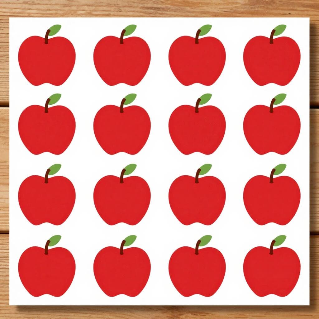 A neat pile of sixteen red apples sitting on a simple wooden table.