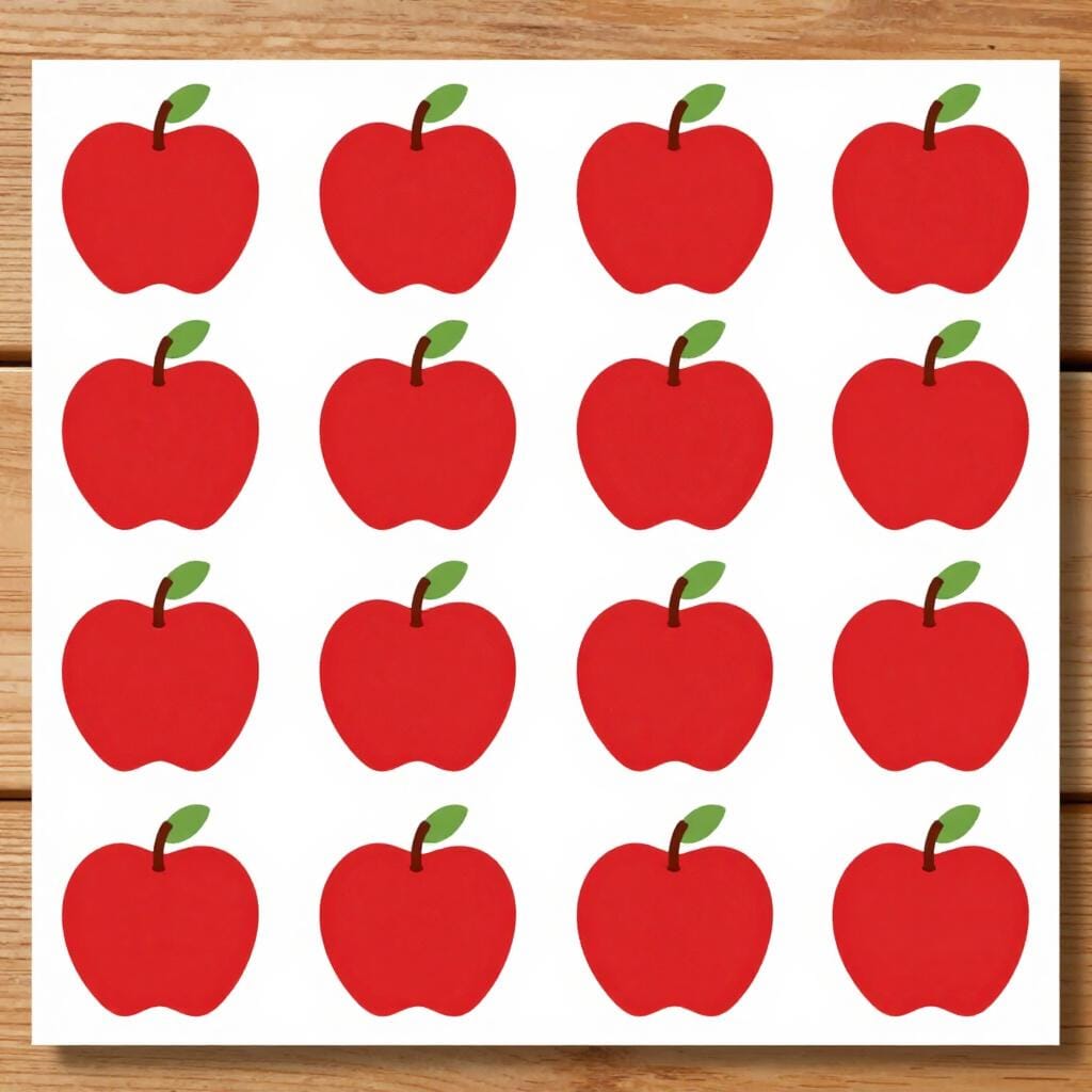 A neat pile of sixteen red apples sitting on a simple wooden table.