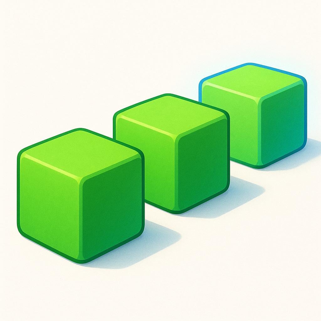 A storybook illustration showing three identical green cubes lined up in a row on a white surface, with the cube farthest back being the focus.