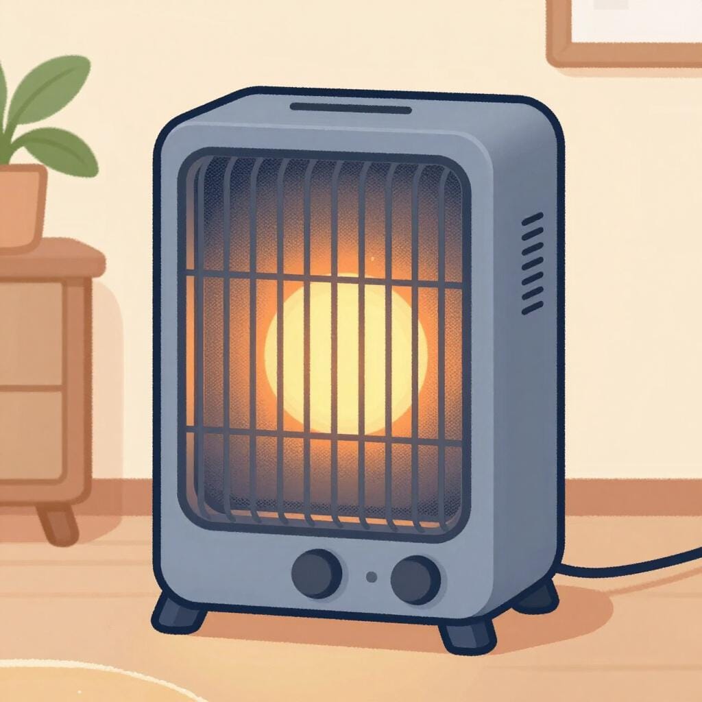 A portable electric space heater glowing with orange warmth.