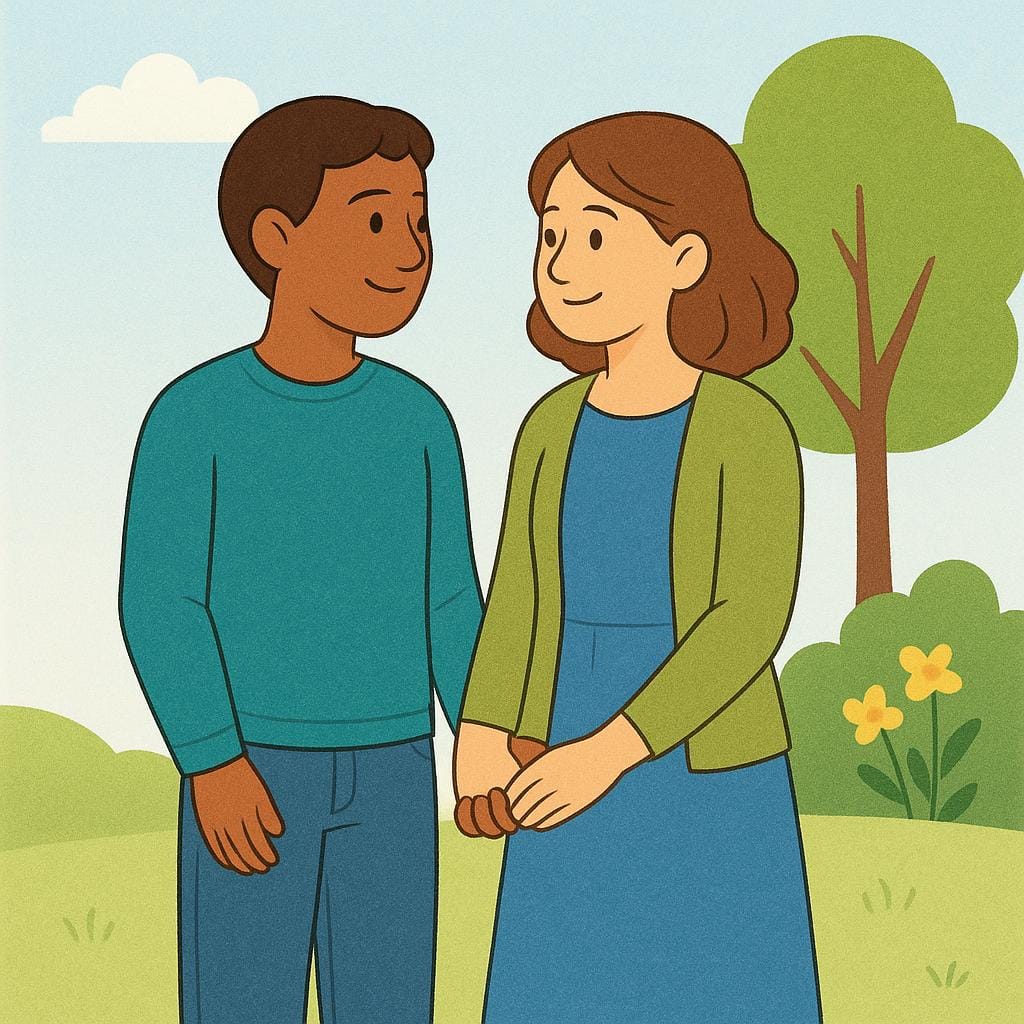 Two people standing close together, holding hands and smiling warmly at each other, representing a romantic partner or sweetheart.