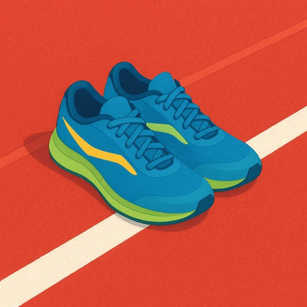 A single pair of running shoes positioned right up against a brightly painted white starting line on an athletic track.