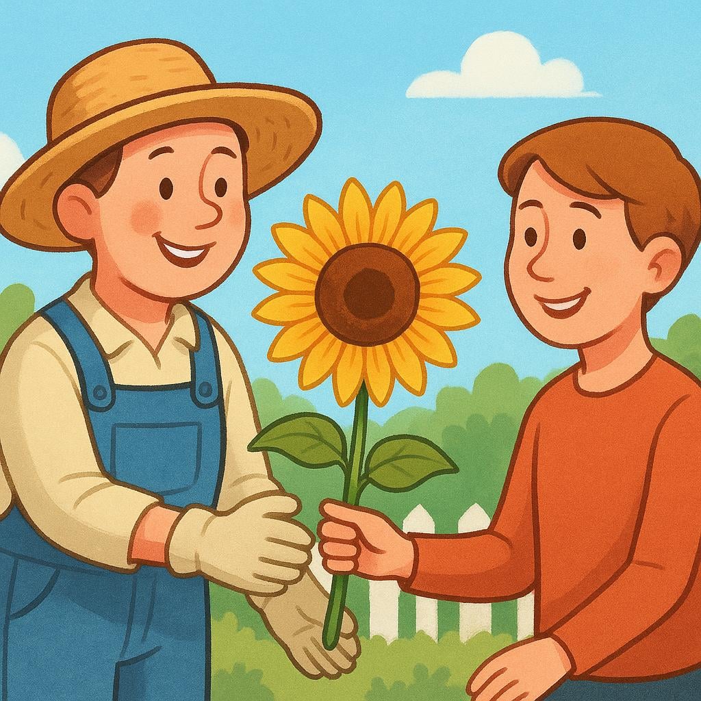 A gardener handing a sunflower to a friend, causing the friend's expression to instantly change from neutral to joyful, illustrating causing a change in emotion.