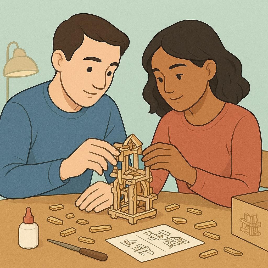 A colorful illustration of two adults, a man and a woman, sitting at a table and collaborating closely to assemble a large wooden model or puzzle.