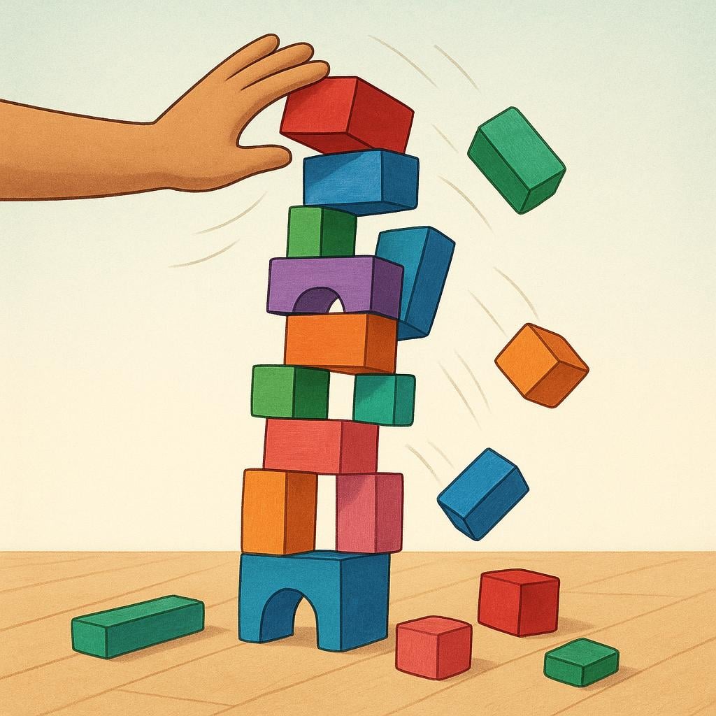 A storybook illustration of a hand knocking over a precarious stack of colorful wooden blocks.