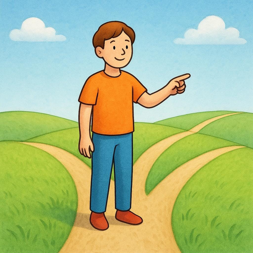 A cheerful person standing confidently on a grassy hill where three distinct, open paths diverge into the distance, symbolizing freedom of choice and personal discretion.