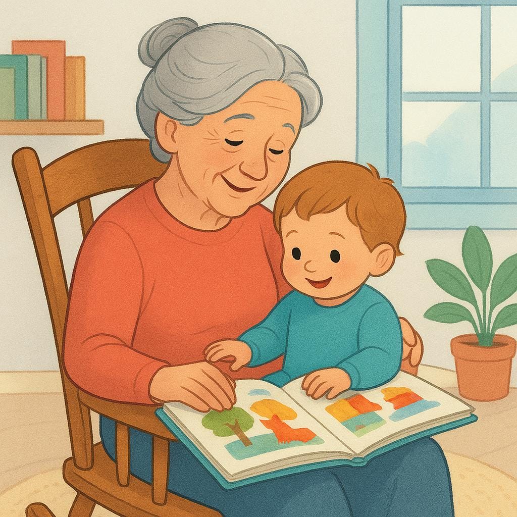 Un'illustrazione colorata di un libro di fiabe che mostra una donna anziana, una nonna, seduta su una sedia a dondolo e che legge calorosamente un libro a un bambino piccolo seduto sulle sue ginocchia.