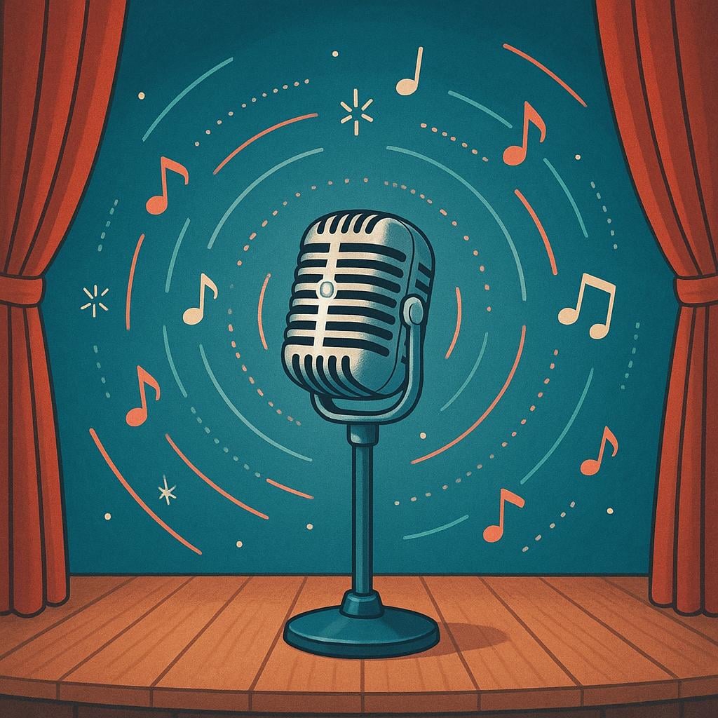 A colorful illustration showing a large, vintage radio microphone on a stand, broadcasting symbolic sound waves widely into the distance.