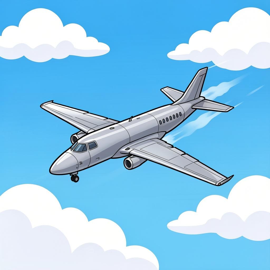 A sleek silver airplane flying through a clear blue sky with white clouds.