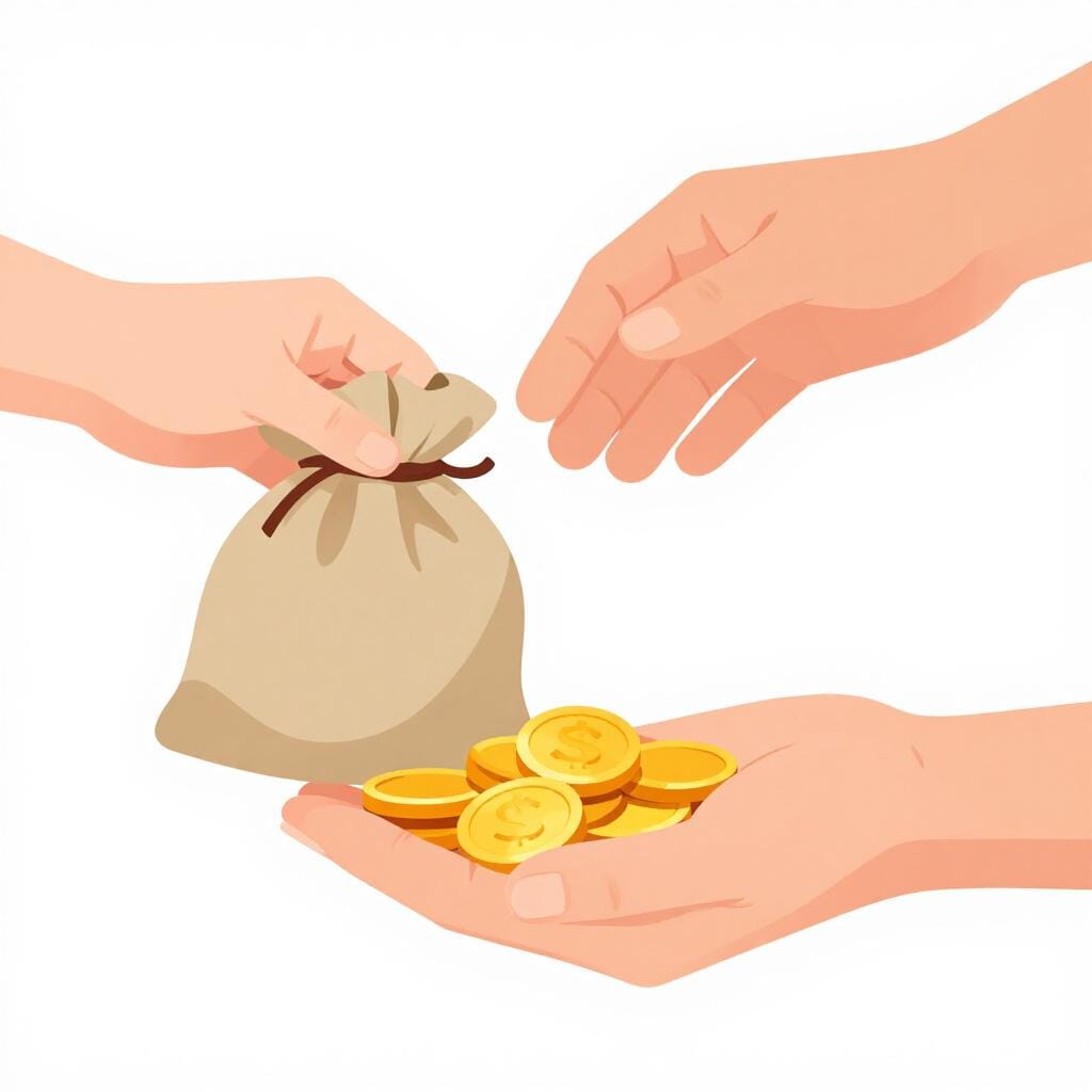 Eine Hand schleicht einer anderen Hand im Schatten einen kleinen Beutel Goldmünzen zu.