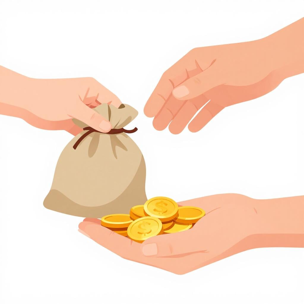 A hand secretly passing a small bag of gold coins to another hand in the shadows.