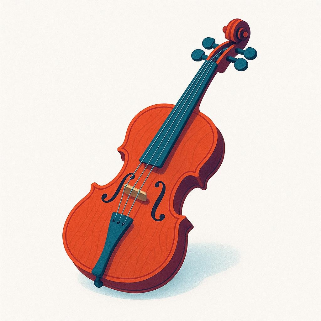 A close-up illustration of a simple, colorful violin resting on a surface, symbolizing music.