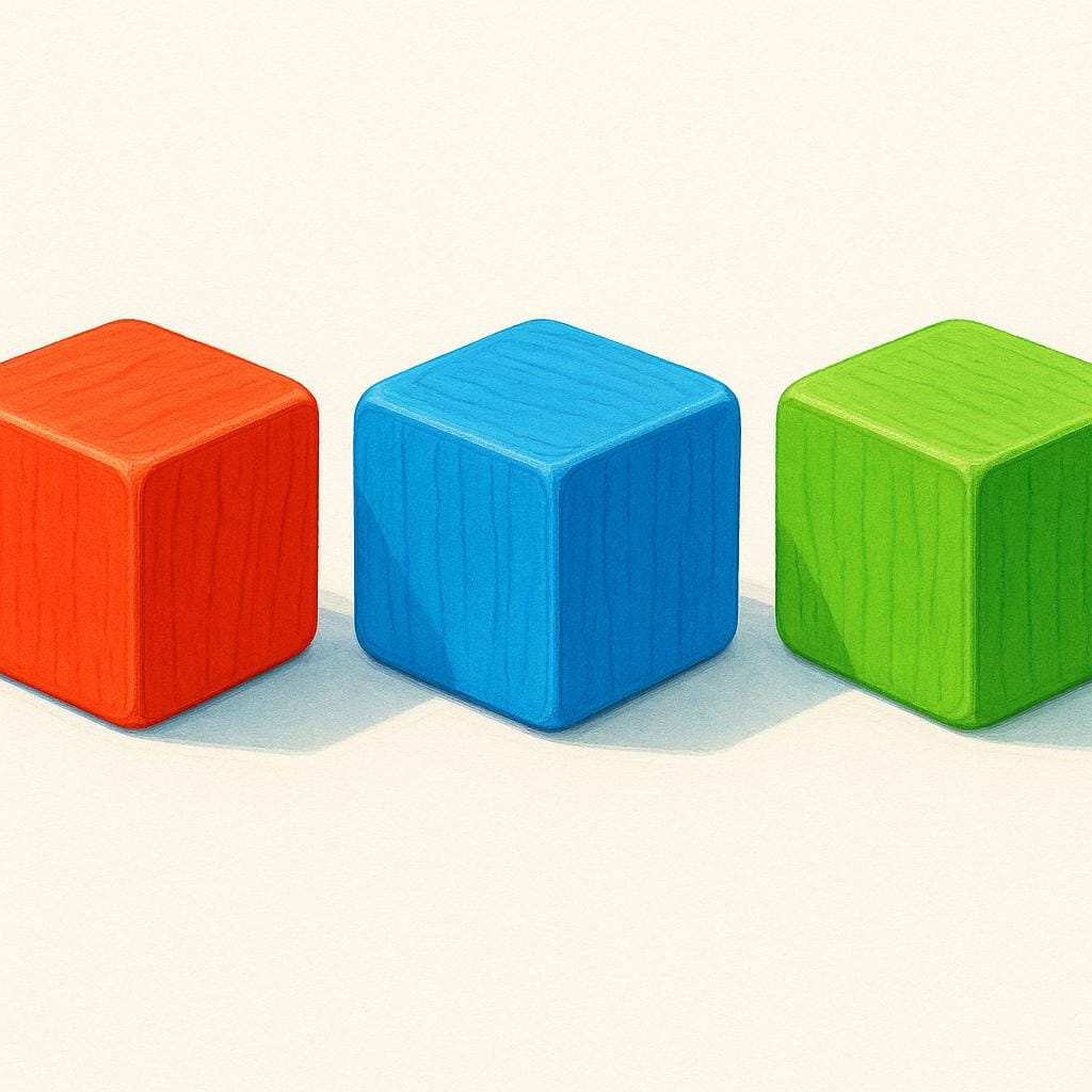 A visual depiction of measurement units showing three identical, colorful wooden blocks arranged neatly.