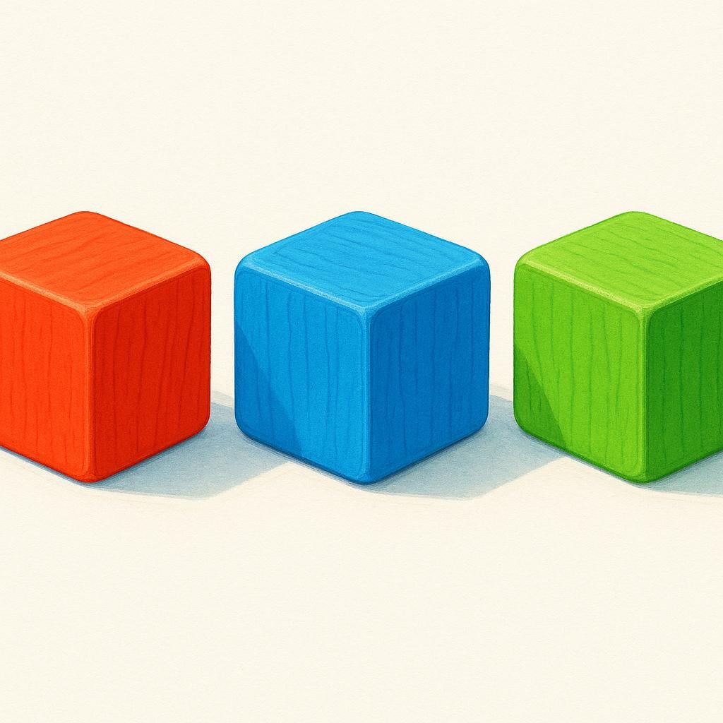 A visual depiction of measurement units showing three identical, colorful wooden blocks arranged neatly.