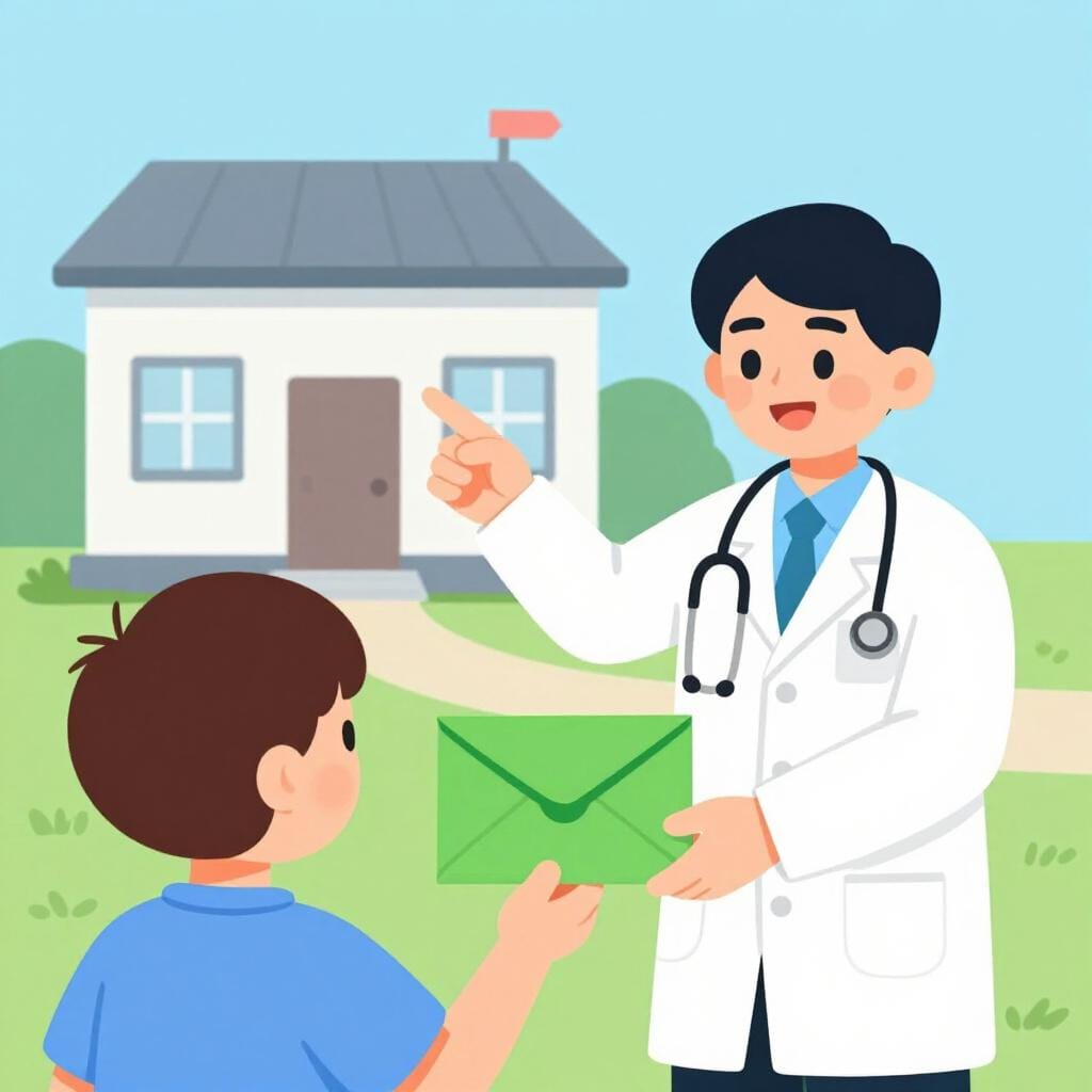 A friendly doctor handing a colorful envelope to a patient, pointing towards a nearby building.