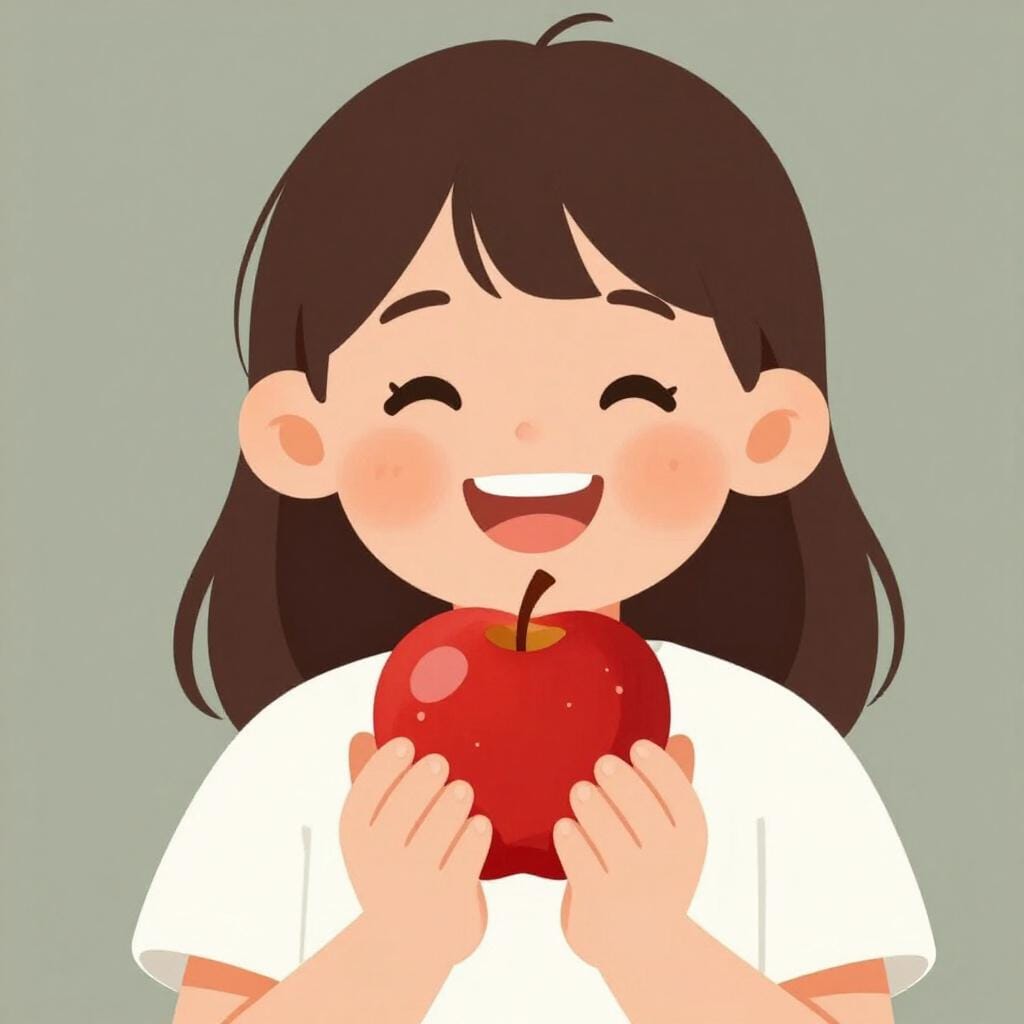 활짝 웃으며 손에 완벽한 빨간 사과 하나를 든 어린 소녀.