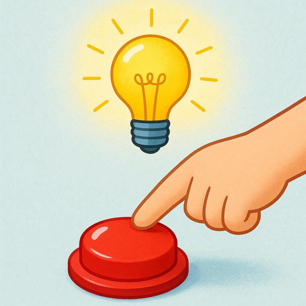 A finger is pressing a large red button, and instantly, a bright yellow light bulb positioned directly above the button illuminates brightly, symbolizing immediacy.