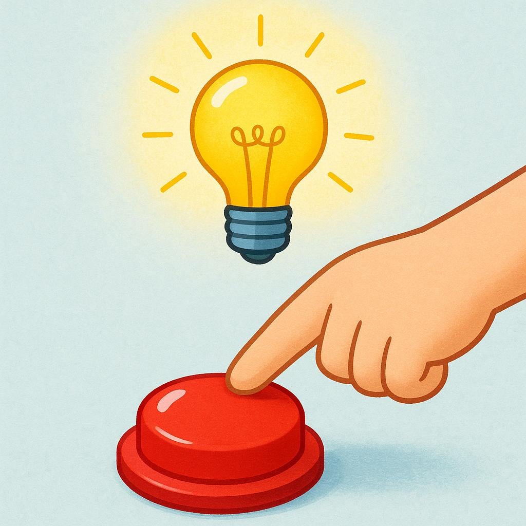 A finger is pressing a large red button, and instantly, a bright yellow light bulb positioned directly above the button illuminates brightly, symbolizing immediacy.