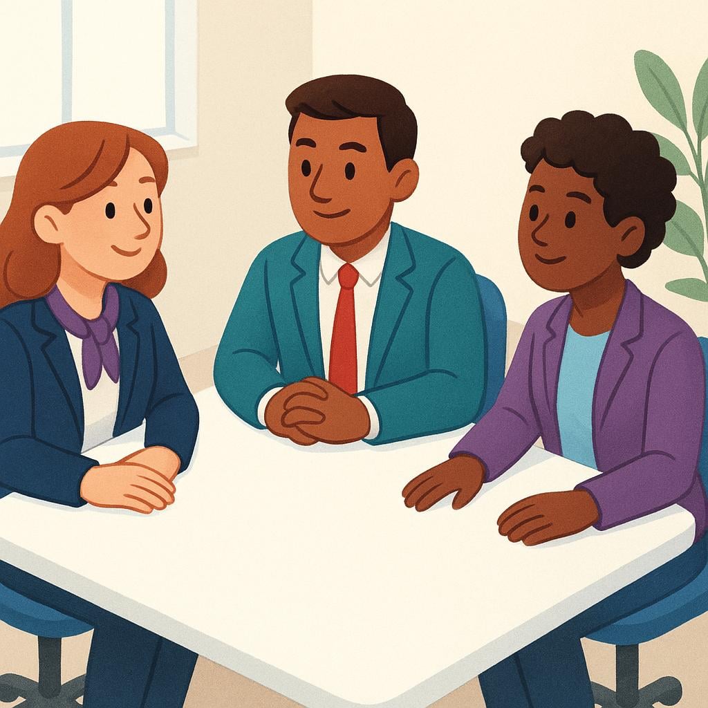 A simple illustration showing three diverse, simplified characters in business attire sitting at a round conference table, engaged in a discussion.