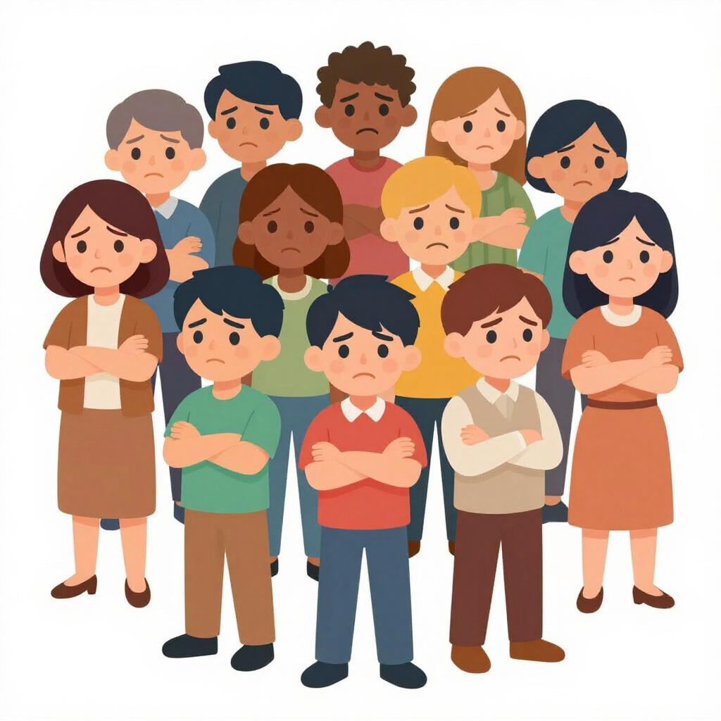 Um grupo de pessoas em pé juntas com os braços cruzados e expressões faciais infelizes.