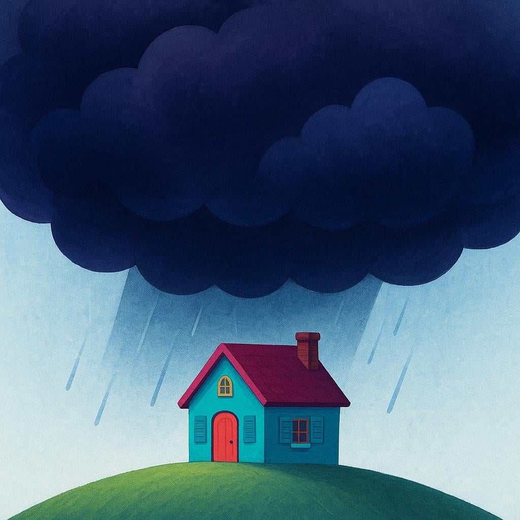 A dramatic illustration showing a huge, dark purple storm cloud hanging low and ominously over a tiny, brightly colored cottage, representing a threat.